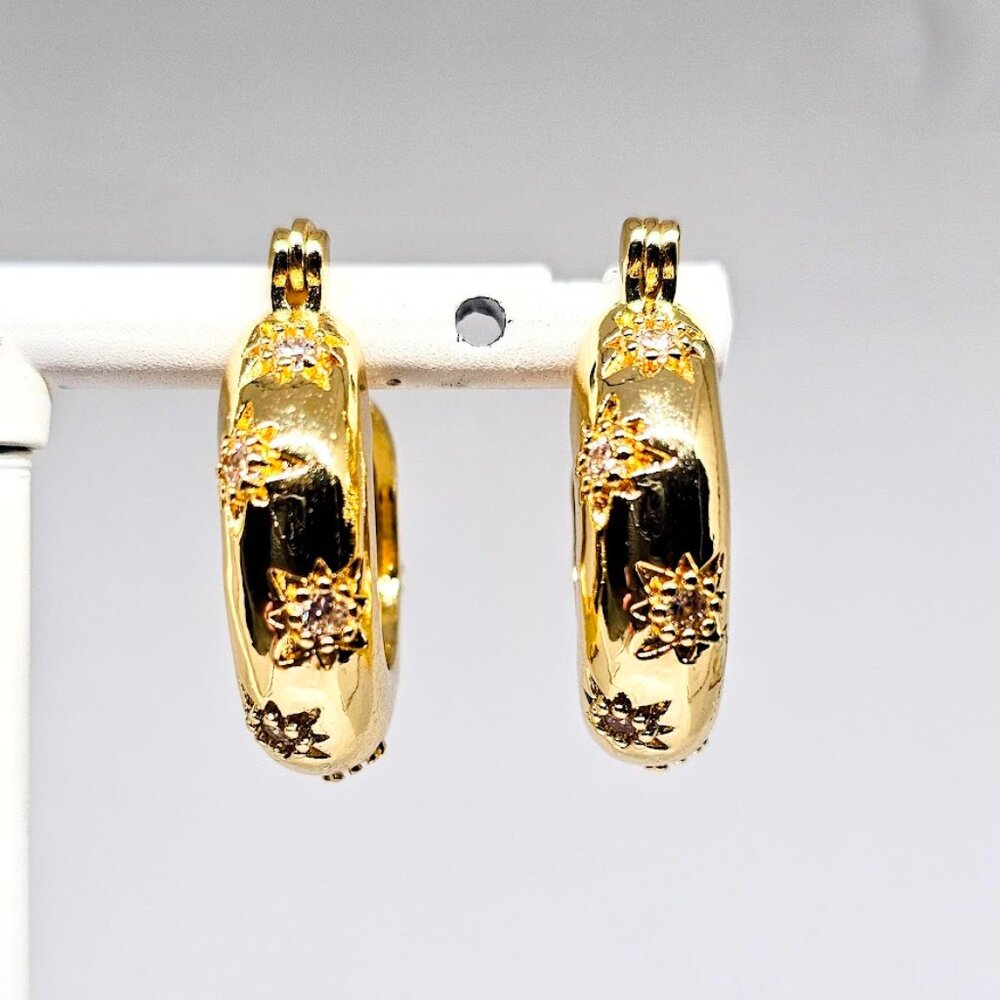Starburst 14K Gold Plated Hoop Cubic Zirconia Bubble Huggie Post Earrings